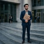 Akrabanın sabıkası memuriyete engel mi sorusunu inceleyen, adliye binası önünde evrak çantasıyla duran endişeli bir memur adayı.