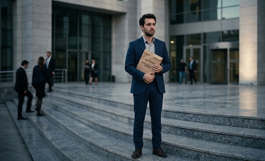 Akrabanın sabıkası memuriyete engel mi sorusunu inceleyen, adliye binası önünde evrak çantasıyla duran endişeli bir memur adayı.