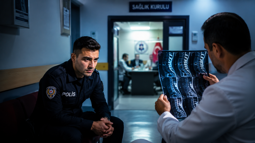EGM ve TSK sağlık yönetmeliklerinde bel fıtığı (lomber disk hernisi) ile ilgili rehber görseli.