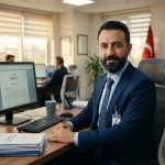 Ofiste çalışan sakallı erkek devlet memuru resmi kıyafetli