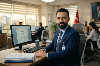 Ofiste çalışan sakallı erkek devlet memuru resmi kıyafetli