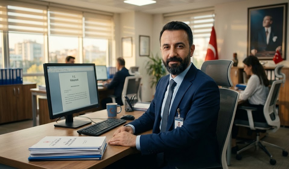 Ofiste çalışan sakallı erkek devlet memuru resmi kıyafetli