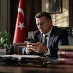 Masasında bilgisayar ekranına bakan ve arkasında Türk bayrağı ile resmi evraklar bulunan endişeli bir memur profili.