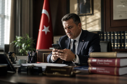 Masasında bilgisayar ekranına bakan ve arkasında Türk bayrağı ile resmi evraklar bulunan endişeli bir memur profili.