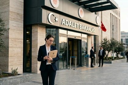 Kamu binaları önünde evrak inceleyen profesyonel resmi yetkililer ve hukuk detayları