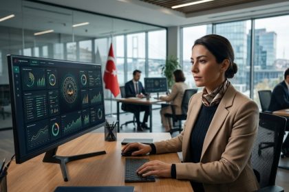 Modern bir ofis ortamında bilgisayar başında çalışan Türk kamu görevlisi, arka planda e-Devlet ve kamu dijital dönüşüm vurgusu