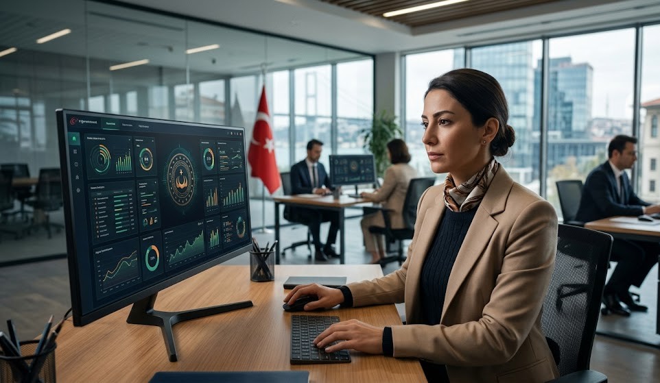 Modern bir ofis ortamında bilgisayar başında çalışan Türk kamu görevlisi, arka planda e-Devlet ve kamu dijital dönüşüm vurgusu