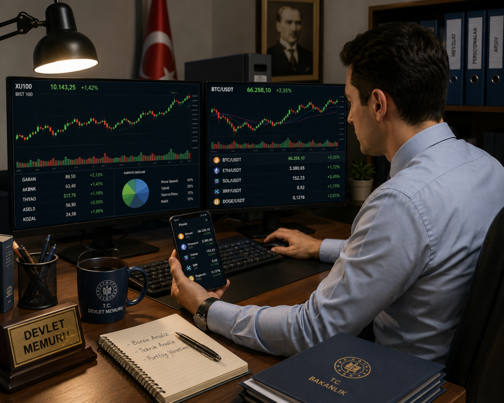 Devlet memurlarının 657 sayılı DMK ticaret yasağı kapsamında borsada hisse senedi alım satımı yapması ve kripto para piyasalarında trading faaliyetlerinde bulunmasının hukuki boyutunu, Danıştay kararları ve mal bildirimi yükümlülükleri çerçevesinde açıklayan grafik.