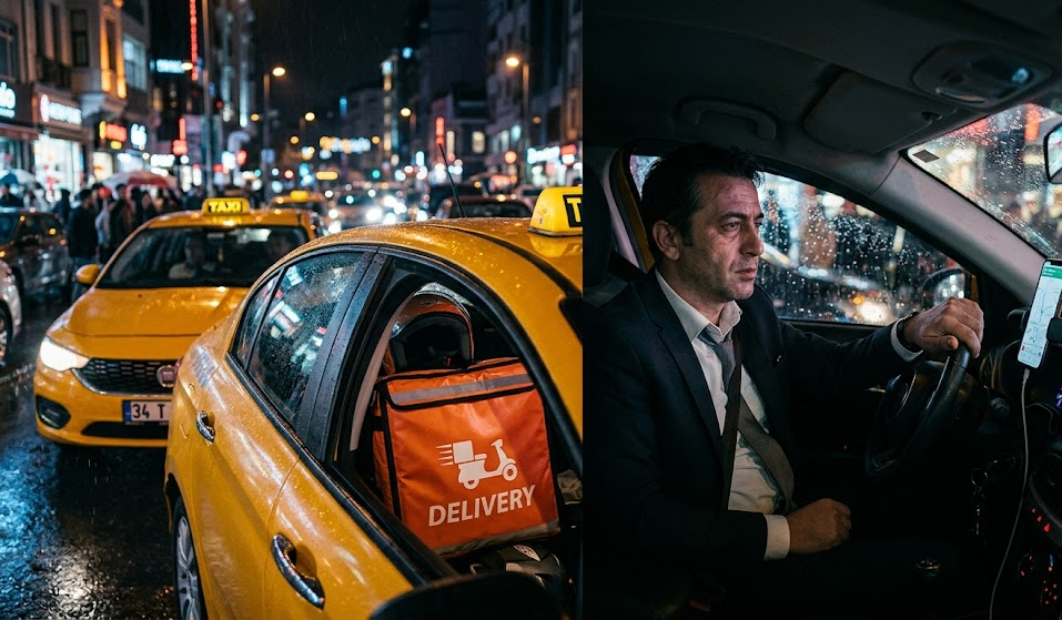 Taksicilik ve kuryelik gibi ek işler yapan memur tasviri.