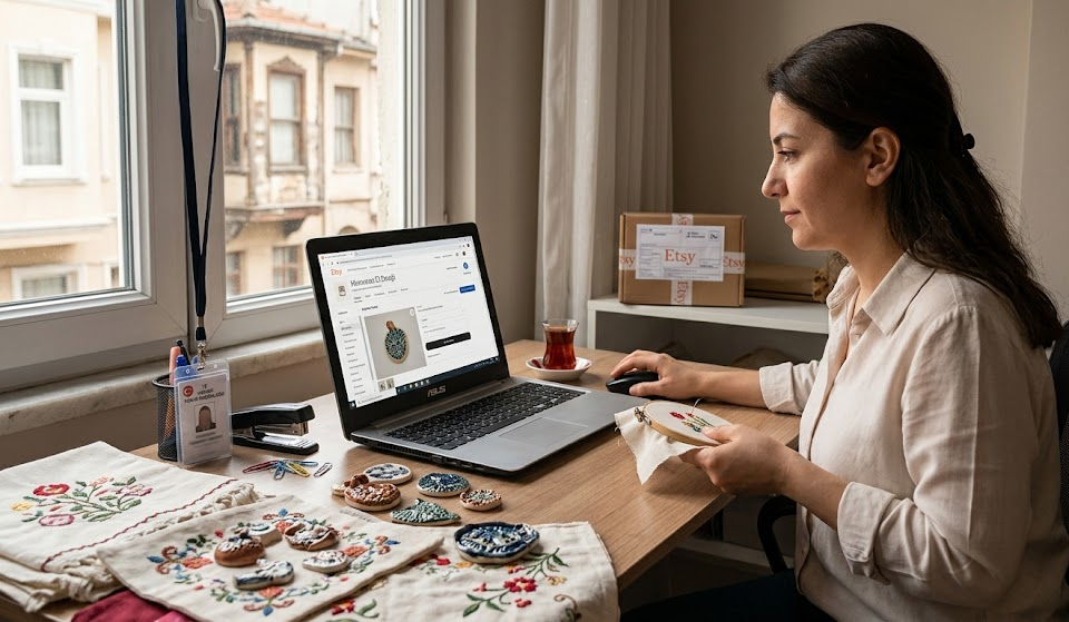 Etsy logosu ve önünde duran Türk kanun kitapları görseli - Memur ticari yasak.