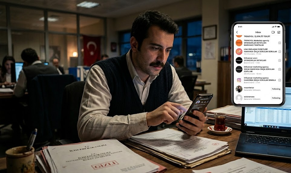 Telefonundan sosyal medya hesabını yöneten memur ve disiplin riski konsepti