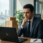 Önünde laptop bulunan, kurumsal giyimli bir memurun arka planında Trendyol kargo kutuları ve e-ticaret arayüzü grafikleri.