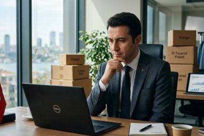 Önünde laptop bulunan, kurumsal giyimli bir memurun arka planında Trendyol kargo kutuları ve e-ticaret arayüzü grafikleri.