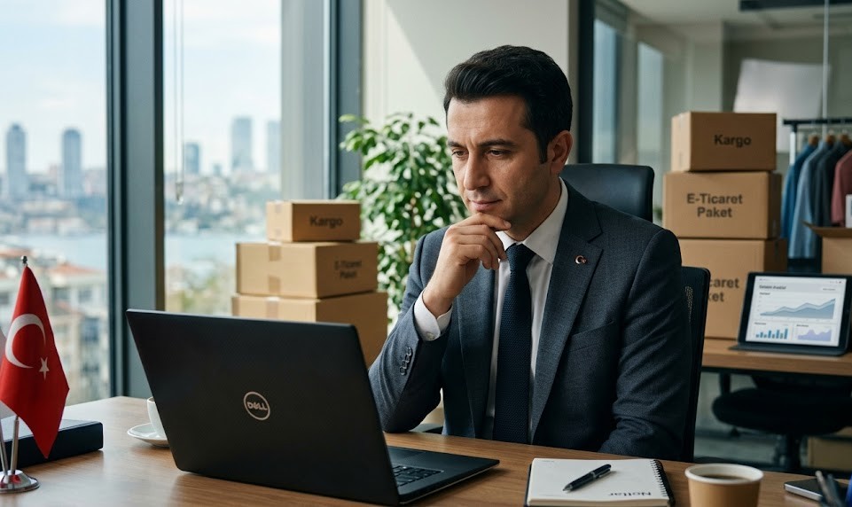 Önünde laptop bulunan, kurumsal giyimli bir memurun arka planında Trendyol kargo kutuları ve e-ticaret arayüzü grafikleri.