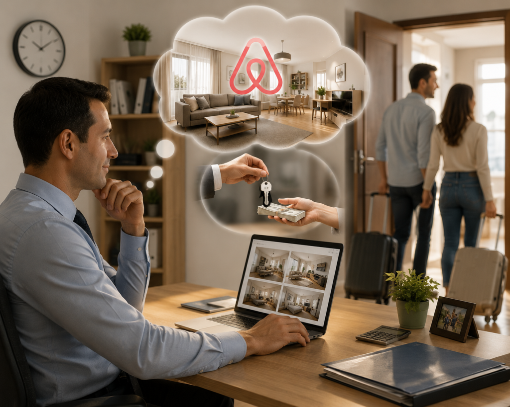 Devlet memurlarının ticaret yasağı kapsamında Airbnb üzerinden kısa süreli konut kiralaması ve emlak komisyonculuğu yapmasının yasal sonuçlarını, disiplin cezalarını içeren bilgilendirici rehber görseli.