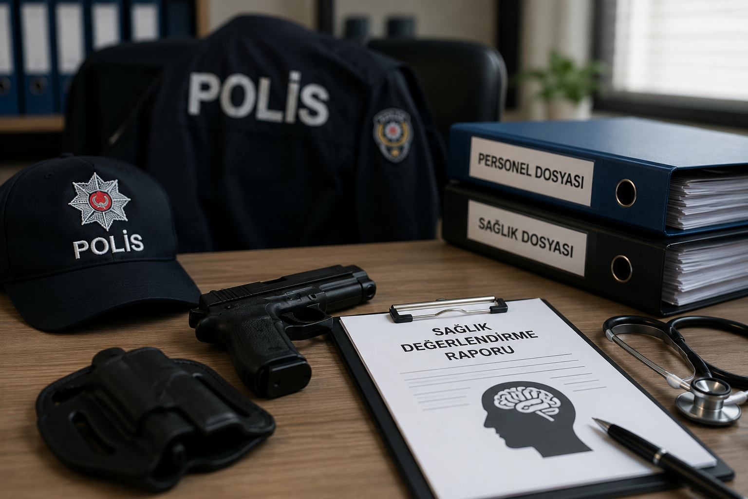 Büro ortamında sağlık değerlendirmesine alınan polis memurunu temsil eden görsel