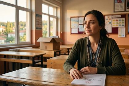 MEB atama ve yer değiştirme yönetmeliği kitapçığı ve tayin dilekçesi yazan ve okul sırasında bekleyen bir öğretmen