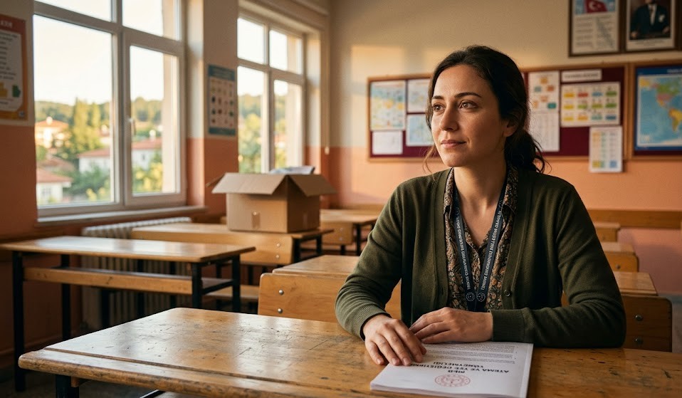 MEB atama ve yer değiştirme yönetmeliği kitapçığı ve tayin dilekçesi yazan ve okul sırasında bekleyen bir öğretmen