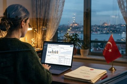 Önünde Türk bayrağı ve resmi evraklar bulunan modern bir bilgisayar ekranında uzaktan çalışan kamu görevlisi temsil görseli