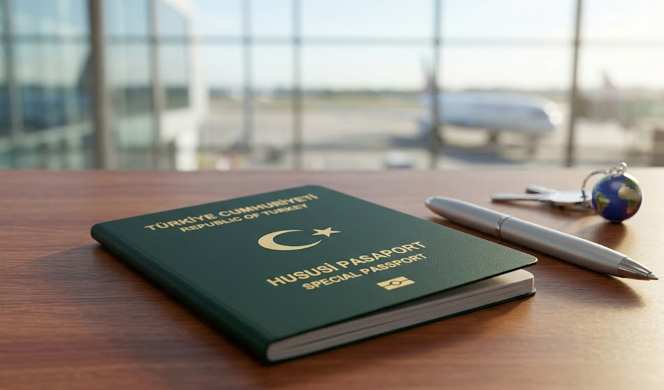 Türkiye Cumhuriyeti Hususi Damgalı Pasaport (Yeşil) örneği ile birlikte 1-2 ve 3. derece kadrolarda bulunan memurlar için başvuru sürecini temsil eden görsel.